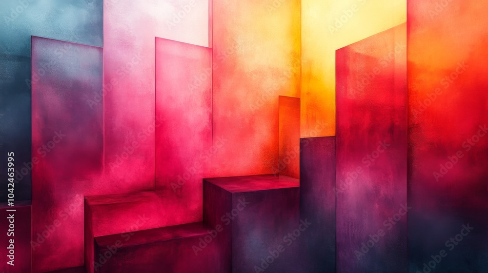 Poster An abstract artwork showcases vibrant gradients ranging from deep red to bright yellow. Geometric shapes create depth and contrast, enhancing the visual experience.