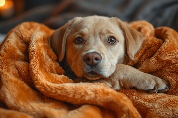 Golden Retriever Puppy Snuggling Under a Brown Blanket
