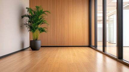 Modern office interior with plant and wood wall design for enhanced aesthetics and productivity