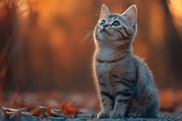 Fototapeta premium A Tabby Kitten Gazes Upward in a Golden Forest