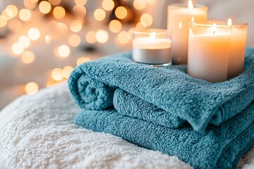 Spa Relaxation with Teal Towels and Burning Candles