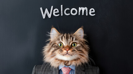fluffy cat wearing business suit stands confidently in front of chalkboard with word Welcome written on it. This charming image captures playful and professional vibe