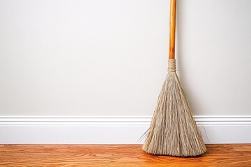 Broom Leaning Against Wall with Wooden Floor and White Baseboard