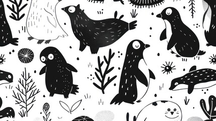 Naklejka premium Cute Black and White Arctic Animal Seamless Pattern