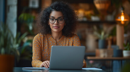 woman wearing glasses is working on a laptop in a cafe