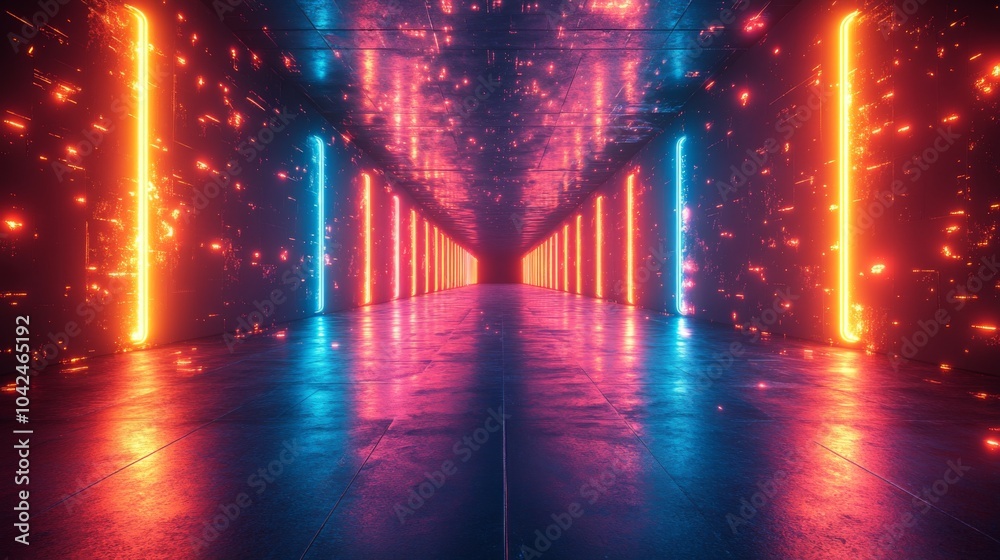 Aufkleber a corridor illuminated by neon lights features bright blue and orange luminescent strips. the reflec
