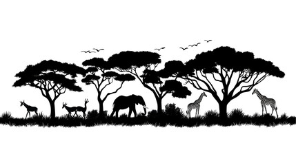 African savanna landscape with elephants, giraffes, and antelope silhouettes against acacia trees. illustration isolated on a white background