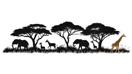 African savanna landscape with elephants, giraffes, and antelope silhouettes against acacia trees. illustration isolated on a white background