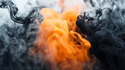 Black smoke and orange liquid blend into each other, creating an abstract background with fluid shapes