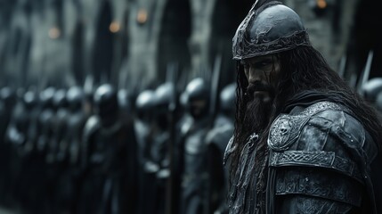 Cinematic shot of an army of vikings with long hair and beards wearing metal helmets holding round shields on the left side