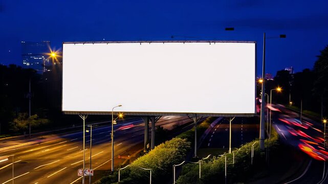 Capture dynamic beauty blank white billboard busy road night designed 4K resolution cinemagraph ideal advertising r text promotions products backdrop bustling traffic advertisement business campaign