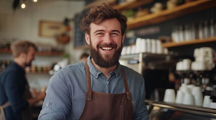 Obraz premium Happy barista with a beard laughing while serving coffee to customers in a modern cafe