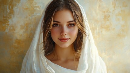 Fototapeta premium young beautiful female in white linen veil, looking at viewer with smile, brown hair and hazel eyes , golden hour, light background