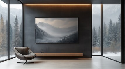 Fototapeta premium Photograph of an ultra-modern entrance hall with a wall art print above the console table, set against dark grey walls and ceiling, featuring a rocky mountain landscape