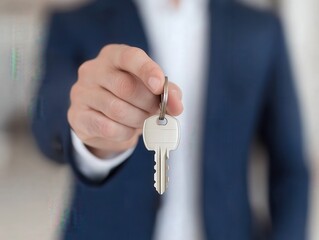 Confident real estate agent handing over keys to excited homebuyers in a welcoming and professional setting