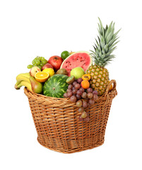 Many different fresh fruits in wicker basket isolated on white