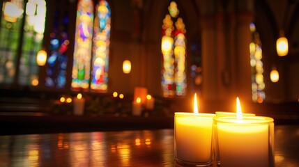 Candles in Church with Stained Glass