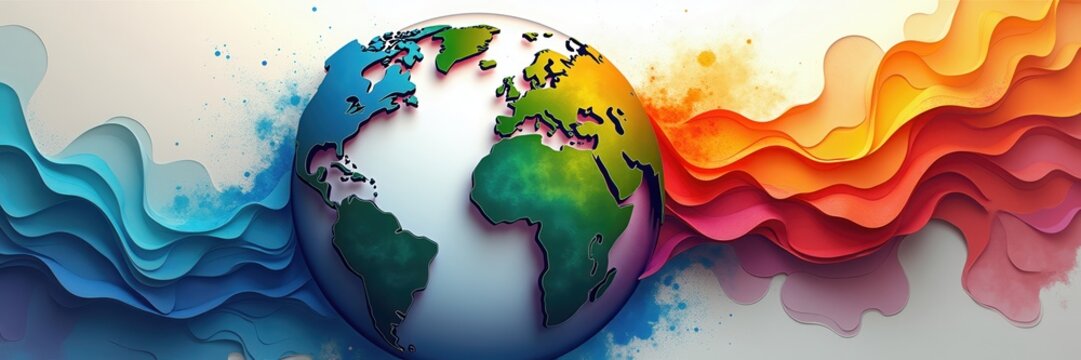 A vibrant representation of Earth surrounded by colorful waves, symbolizing creativity, connection, and global collaboration for marketing and technology themes.