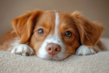 Close-up Portrait of a Brown and White Dog Resting on a Fuzzy Surface