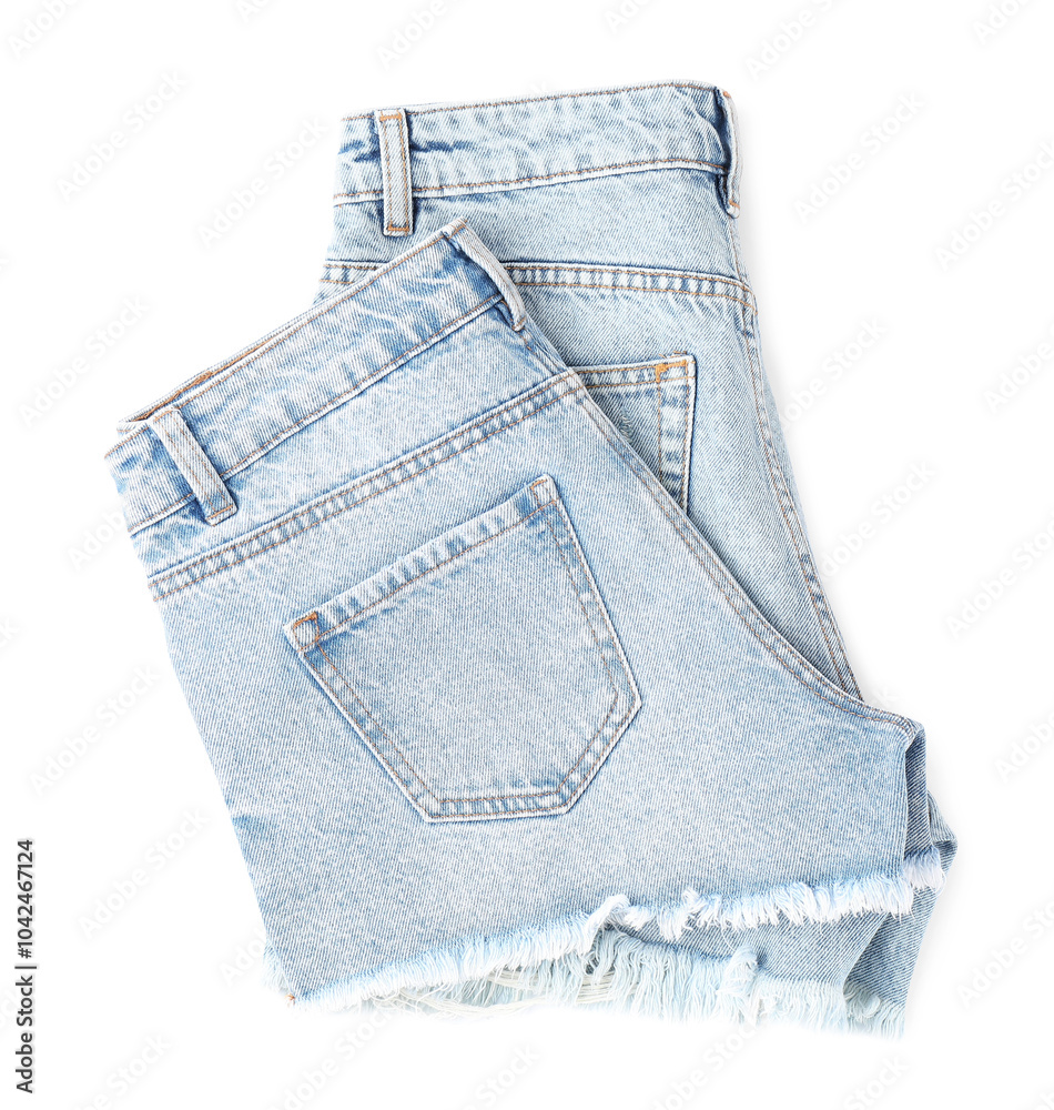 Poster Stylish light blue denim shorts isolated on white, top view