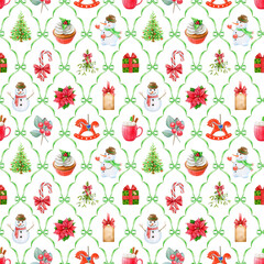 Christmas time decorations seamless pattern. Hand drawn fir tree, mistletoe, snowman, winter sweets and treats. Winter season vintage style bright decor seamless pattern design on white background