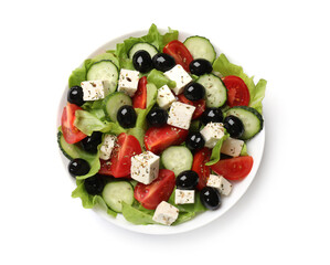 Delicious salad with feta cheese isolated on white, top view