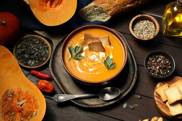 Delicious pumpkin soup with sour cream, croutons, spices and products on wooden table, above view
