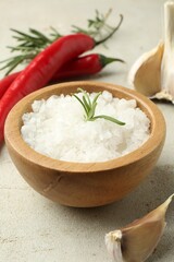 Sea salt in bowl, rosemary, chili peppers and garlic on grey table, closeup