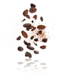 Cocoa beans and powder in air on white background