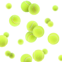 Many bright tennis balls in air on white background