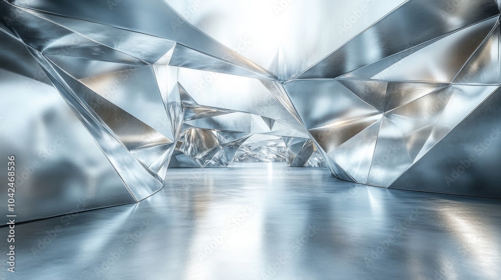 Aufkleber A futuristic corridor showcases a unique metallic design with sharp, angular surfaces reflecting bright light. The expansive space creates a captivating visual experience.