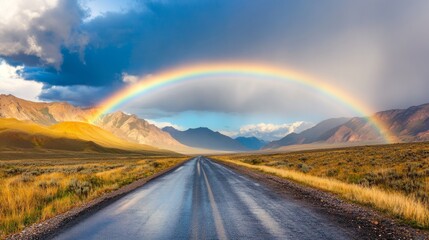 A picturesque rainbow arcs over a long, straight, wet road in a mountainous valley.