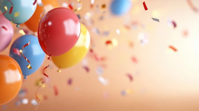 A vibrant array of floating balloons and swirling confetti fill the air, symbolizing joy and festivity in a bright celebration setting.