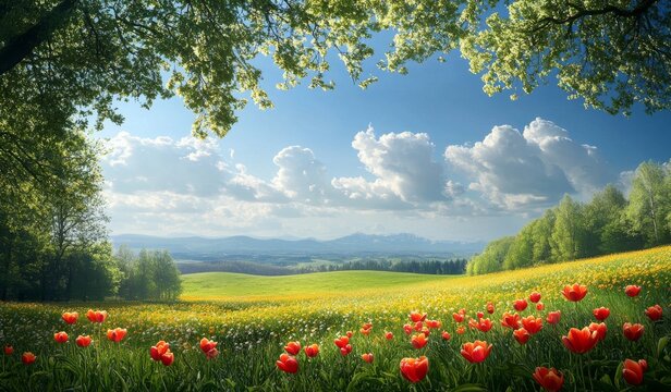 A picturesque meadow with red tulips in bloom, framed by lush green trees and a stunning blue sky with fluffy clouds. The scene showcases a rolling hillside with distant mountains in the background, 