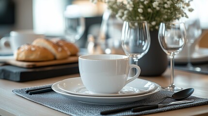 Fototapeta premium A dining table set with plates, cutlery and glasses on the gray woven linen place mat