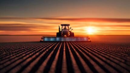Fototapeta premium Tractor at sunset, preparing field, against vibrant sky, agricultural landscape.
