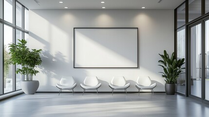 A photo of a large white wall with an empty frame in the waiting room, with a clean and modern minimalist design