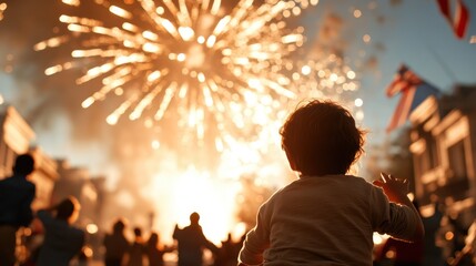Fototapeta premium A child stands fascinated by the vibrant display of fireworks lighting up the evening sky, surrounded by blurred figures of excited onlookers in celebration.