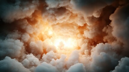 An ethereal snapshot captures an explosion of fiery and dramatic cloud formations lighting up the sky, invoking a sense of awe and power in its vivid depiction.