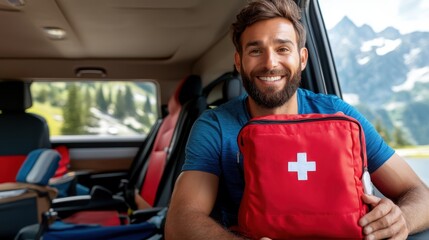 In a scenic mountain backdrop, a man joyously holds a red first aid kit in his van, embracing the fusion of adventure and safety, creating a memory of readiness.
