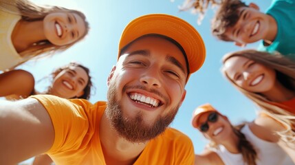 Obraz premium A lively group of friends gathers with joyful expressions under clear blue skies, capturing the essence of happiness, unity, and the vibrancy of sunny days spent together.