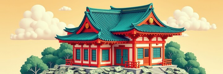 Fototapeta premium A beautifully illustrated traditional Asian style building set against a warm sky backdrop, perfect for cultural themes, travel promotions, and design projects.