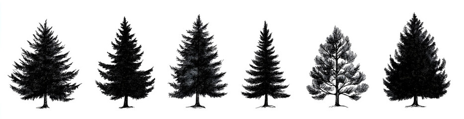 Fototapeta premium Black pine tree drawing set isolated on white background