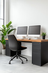 Fototapeta premium Modern home office setup with dual monitors and stylish plant accents
