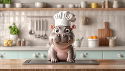 Cute hippo chef in kitchen, wearing a chef hat, preparing delicious dishes.