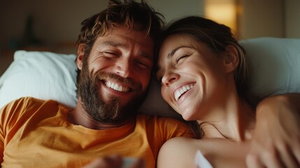 A couple lies close together in bed, smiling and engaged in reading a piece of paper, radiating happiness, affection, and a tranquil shared moment indoors.