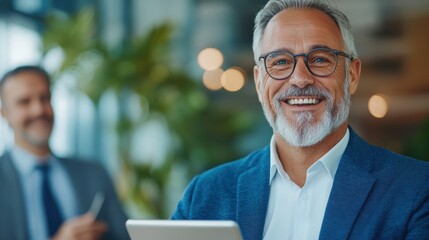 A cheerful middle-aged man with glasses in a suit holds a tablet and smiles at the camera, conveying professionalism and warmth in a modern office setting.