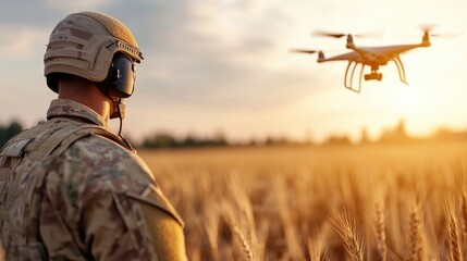 A soldier wears protective gear and controls a drone hovering above a sunlit golden wheat field, symbolizing technological innovation and agricultural modernization.