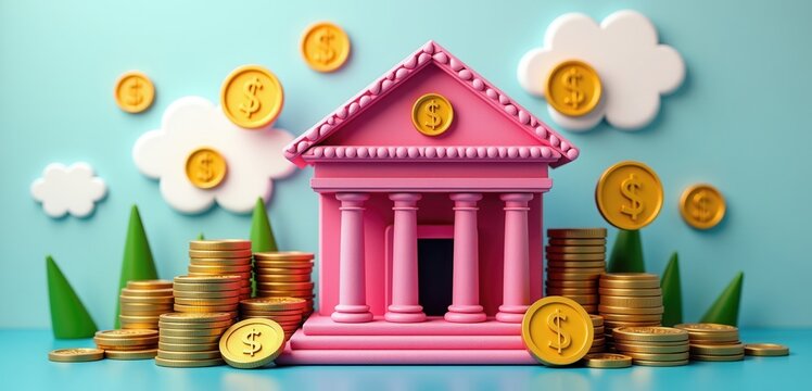 A whimsical, colorful representation of a bank with coins, perfect for finance related projects, educational materials, or children's content about money management.