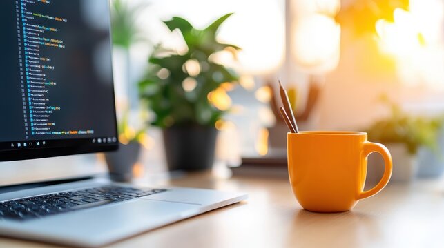 A brightly lit workspace featuring a computer displaying coding on a screen with a vibrant orange mug, evoking creativity, technology, and morning productivity.
